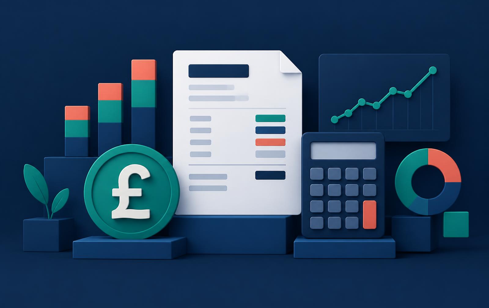 Payslip, pound coin, calculator and tax breakdown charts
